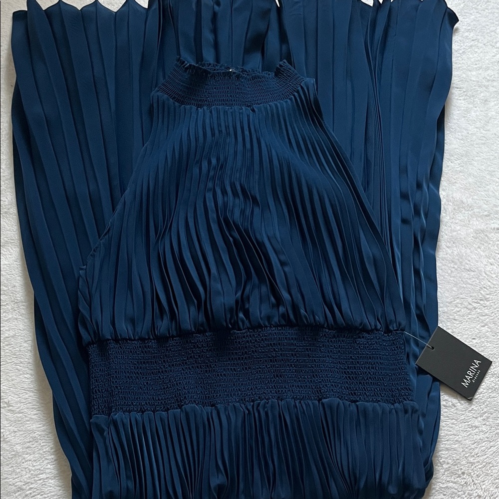 MARINA Navy Blue Pleated Maxi Dress